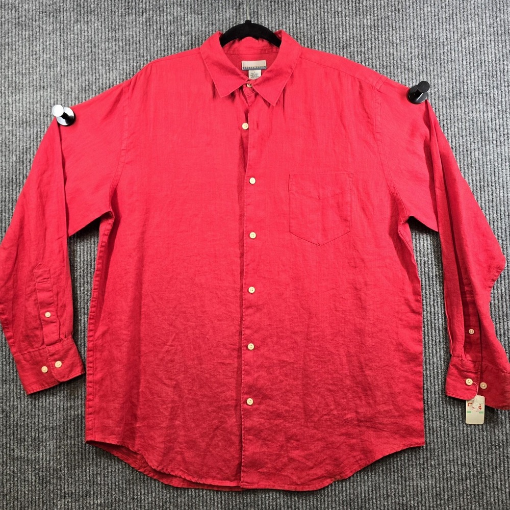 Vintage Breakwater Shirt Men Large Red Linen Long Sleeve Button Up Casual Summer